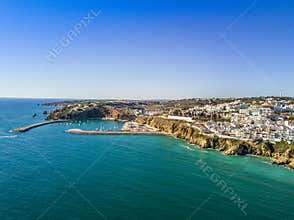 Aerial view of marina and cliffs in Albufeira, Algarve, Portugal