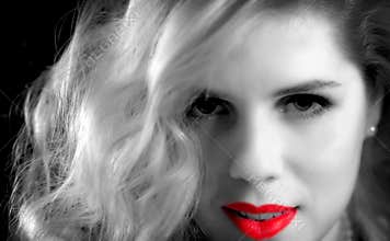 Black and white photos with red color accents.