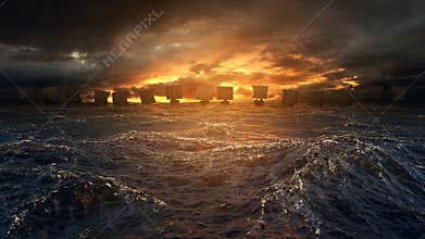 Vikings ships under the storm.