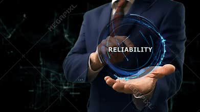 Businessman shows concept hologram Reliability to online of internet on his hand