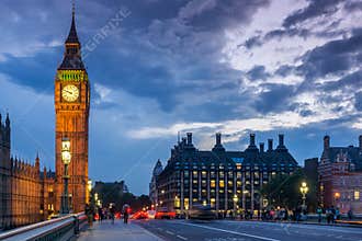 Night photo of Houses of Parliament with Big Ben from Westminster bridge, London, England, Great B