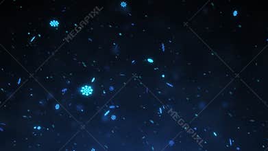Christmas falling magic snow on a dark blue background. Winter storm illustration with snowflakes.