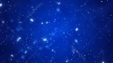 Christmas falling magic snow on a blue background. Winter storm illustration with snowflakes.