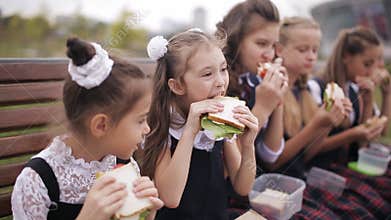 Girls College student wearing the same school uniform eating sandwiches and smiling while resting in the park