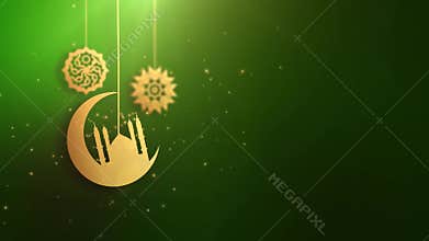 Ramadan ramazan eid mubarak arabic symbols falling down on string green background