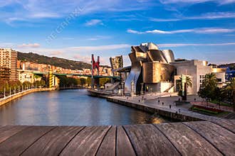 The Guggenheim Museum, Nervion River and La Salve Bridge in Bilbao