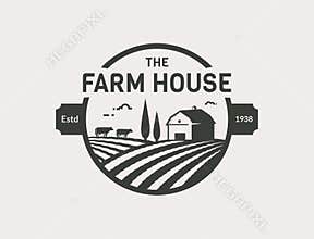 Farm House vector logo with barn, cows and fields
