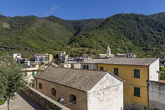Panoramic view of the hill town of Corniglia in the Cinque Terre park, Liguria, Italy
