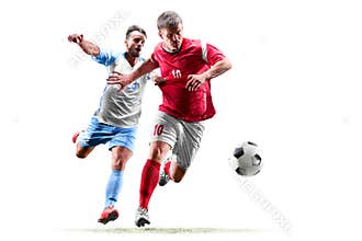 Caucasian soccer players isolated on white background