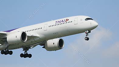 Thai airway plane approach  for landing to suvarnabhumi airport bangkok thailand