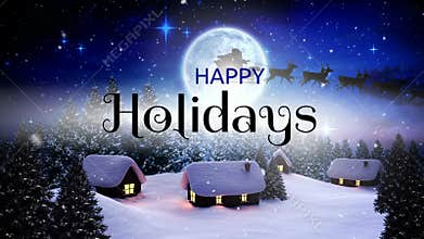 Happy Holidays text and reindeers pulling sledge