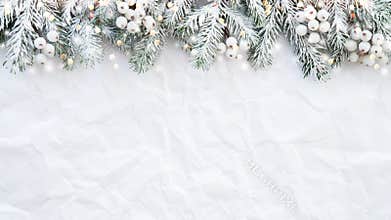 Christmas background with xmas tree on white creased background. Merry christmas greeting card, frame, banner.