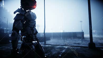 Military robot in destroyed city. Future apocalypse concept. Realistic 4k animation.