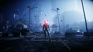 Military robot in destroyed city. Future apocalypse concept. Realistic 4k animation.