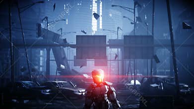 Military robot in destroyed city. Future apocalypse concept. Realistic 4k animation.