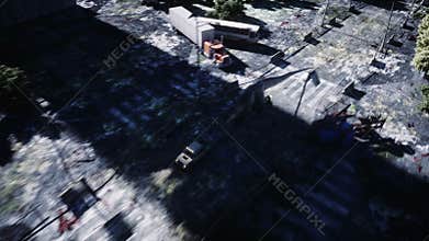 Dinosaur rex running behind the car in destroyed city. Dinosaurs apocalypse. Concept of future. Realistic 4K animation.