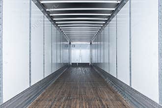 Interior view of empty semi truck dry van trailer
