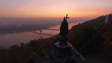 Aerial view to statue of St. Volodymyr in city park. Kyiv. Ukraine
