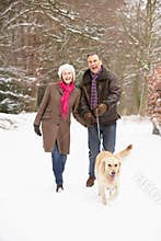 Senior Couple Walking Dog Through Snowy Woodland