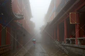Historic buildings of Mount Tai in rain, Shandong, China