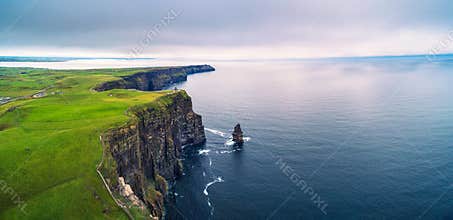 Aerial panorama of the scenic Cliffs of Moher in Ireland