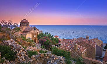 The medieval `castletown` of Monemvasia, often called `The Greek Gibraltar`, Lakonia, Peloponnese.