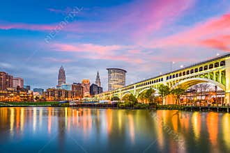 Cleveland, Ohio, USA downtown city skyline on the Cuyahoga River