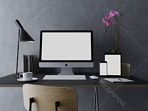 Realistic 3d design of mock up template of empty white monitor screen for your design presentation on contemporary interior