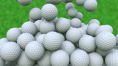 Multiple golf balls falling down against green grass background