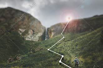 Male traveler climbs the mountain, concept augmented reality in hiking, travel and adventure