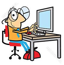 Cartoon man working at computer