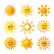 Cute sun. Hand drawn sunshine. Summer morning sunrise. Doodle vector warming joy icons