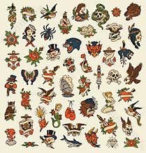52 Hand drawn old school tattoo icon vector image set
