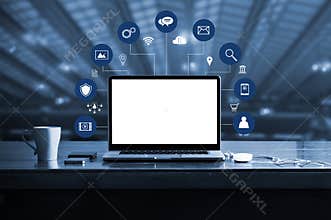 Digital marketing. laptop computer with white screen blank and virtual icon digital marketing