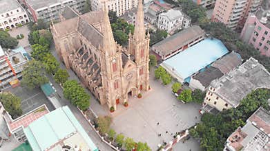Sacred Heart Cathedral in Guangzhou drone circled the Catholic Church in a circle.