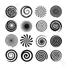 Set of spiral and swirl motion elements. Black isolated objects, icons. Different brush textures, vector illustrations.