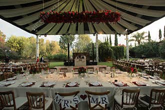 MR and MRS wood chairs for bride and groom couple at wedding decoration with luxury wedding awning decorated with natural roses