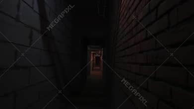 Shot of moving in dark gloomy basement corridor with steadicam. Slow motion