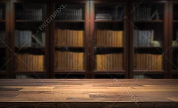 Blured bookshelf in small home library in the background. Table top for product display montage.