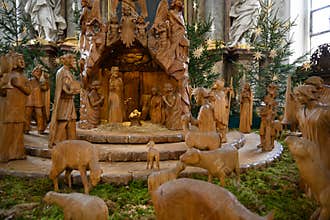 Nativity Christmas scene - the Holy Family with three Kings and Sheperds