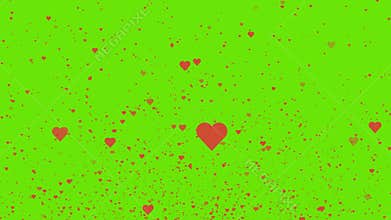 Valentines day red hearts flying on green background. 4K