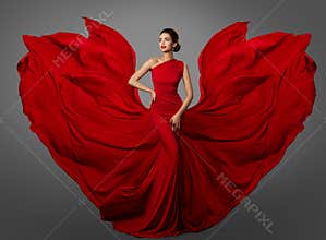 Woman Red Dress, Fashion Model in Long Silk Waving Gown Wings, Flying Fluttering Fabric