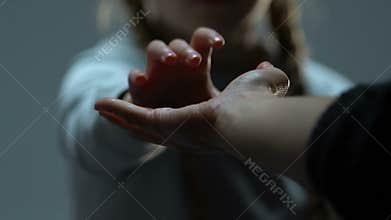 Woman giving helping hand to little orphan girl, children adoption program, help