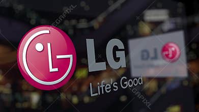 LG Corporation logo on the glass against blurred business center. Editorial 3D rendering