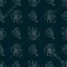 Pub print with mug beer and fish graphic style. vector seamless pattern