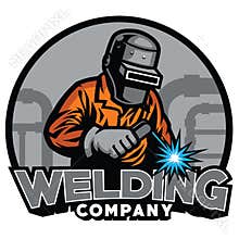Welder working with weld helmet in badge design style