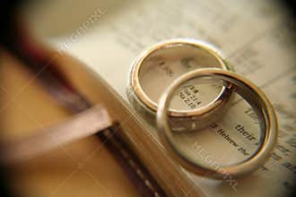 White gold wedding rings on bible