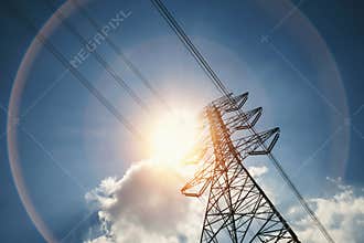 hight voltage tower and sunshine. clean solar