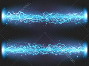 Lightning flash discharge of electricity on transparent background. Blue electrical visual effect. EPS 10