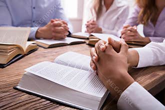 Woman`s Praying Hand On Bible